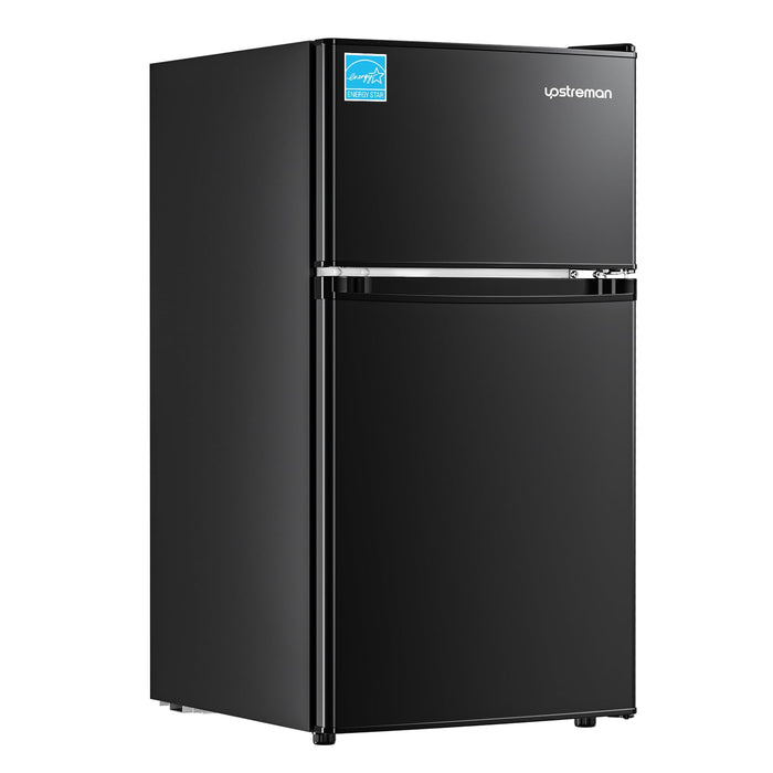 Upstreman 3.1 Cu.Ft Mini Fridge with Freezer, Double Door Small Fridge, Dorm Essentials, Adjustable Thermostat, Energy Saving, Mini Refrigerator for Office, Dorm, Bedroom, Black