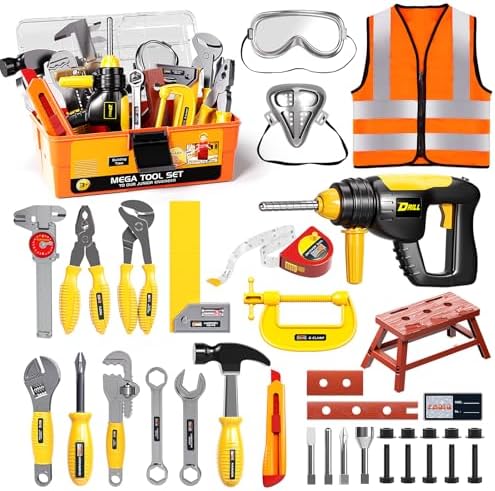 Deejoy Tool Set with Tool Box & Electronic Toy Drill, Pretend Play Kids Construction Kits for Kids Ages 3-5 Years Old, Toddler Boy Toys(Orange)
