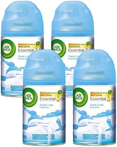 Air Wick Freshmatic 4 Refills Automatic Spray, Fresh Linen, 4ct, New Look, Same familiar smell of Fresh Laundry, Essential Oil, Odor Neutralization, Packaging May Vary