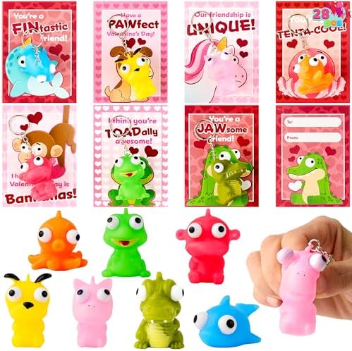 JOYIN 28 PCS Pink Valentines Cards with Animal Popping Eyes Keychains for Gifts Party Favor, Classroom Exchange Prize, Valentine’s Greeting Cards