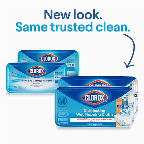 Clorox Disinfecting Wet Mop Pad, Disposable Mop Heads, Multi-Surface Floor Wipes, Rain Clean, 2 Packs, 24 Wet Refills Per Pack (Package May Vary)