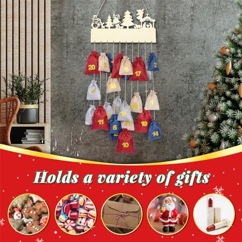 MOVINPE Advent Calendar Set for Filling, Featuring Wooden Sign and 24 Jute Bags to Fill Your Own, Fillable Red/Blue/Beige/Grey Tones Christmas Gift Bags, Countdown Hanging Reusable Wall Decoration