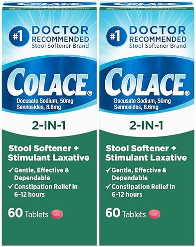 Colace 2-in-1 Stool Softener Plus Stimulant Laxative for Gentle Effective Constipation Relief, Docusate Sodium Plus Sennosides, 60 Count (Pack of 2)