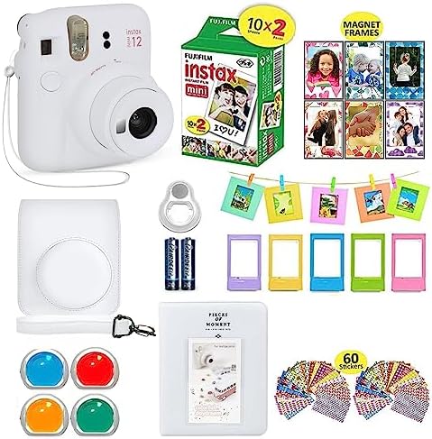 Fujifilm Instax Mini 12 Instant Camera Clay White + Shutter Compatible Carrying Case + Fuji Film Value Pack (20 Sheets) + Shutter Accessories Bundle, Color Filters, Photo Album, Assorted Frames