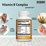 VISPURA Vitamin B-Complex, 180 Vegan Tablets, All B Vitamins Including B12, B1, B2, B3, B5, B6, B7, B9, Folic Acid, for Stress, Energy and Healthy Immune System*, Natural Supplement Without Additives