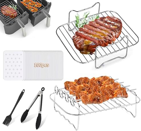 Ninja Dual Air Fryer Accessories, 2Pcs Air Fryer Rack, BBQ Rack with 4 Skewers, for Ninja Foodi DZ201 DZ401 and Ninja 8QT-10QT Air Fryers, 100 Paper Liners - 5Pcs Set