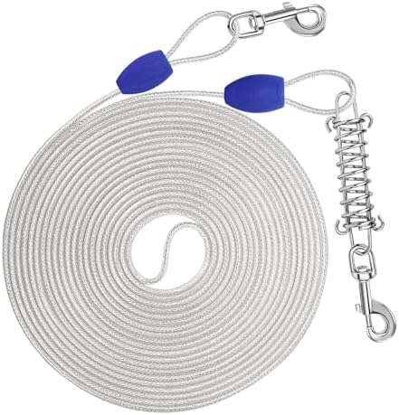 Petbobi Dog Tie-Out Cable 25ft - Outdoor Leash 4mm Metal Cable with Shock Absorbing Spring 360° Swivel Clips, Chain for Dogs Yard Camping, Fit Small Medium Large Pets Up to 90lbs, Reflective Silver