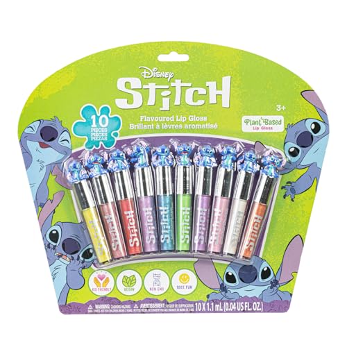 Disney Stitch 10 Piece Plant Based Lip Gloss, Girls Party Favors, First Makeup Set for Girl, Perfect for Parties, Sleepovers, and Birthday Gifts, Ages 3+, by Townley Girl