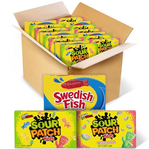 SOUR PATCH KIDS Original Candy, SOUR PATCH KIDS Watermelon Candy & SWEDISH FISH Candy Variety Pack, Easter Candy, 15 Movie Theater Candy Boxes