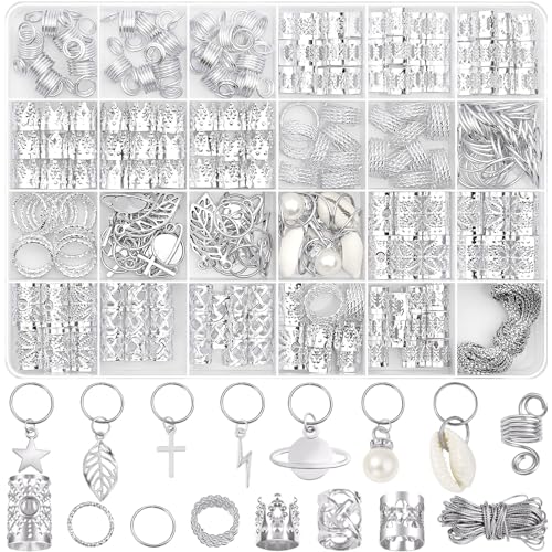 Lucomb 259 Pcs Hair Jewelry and Accessories - Silver Loc Jewelry, Hair Cuffs, Clips, Charms, Rings for Women's Braids, Dreadlocks, and Hair Decoration