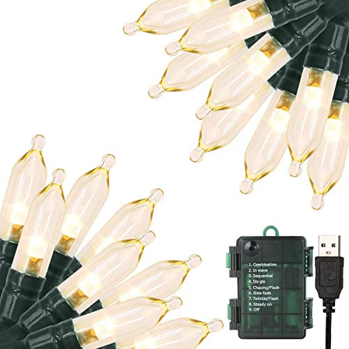 Green Convenience Christmas Lights 33ft 100 LED Battery String Lights with Timer Memory Function USB or Battery Powered Waterproof String Lights for Indoor Outdoor Decoration (Warm White)