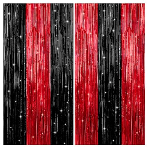 KatchOn, Red and Black Fringe Curtain - 3.2x8 Feet Pack of 2 | Red and Black Party Decorations | Graduation Backdrop for Graduation Decorations | Casino Theme Party Decorations