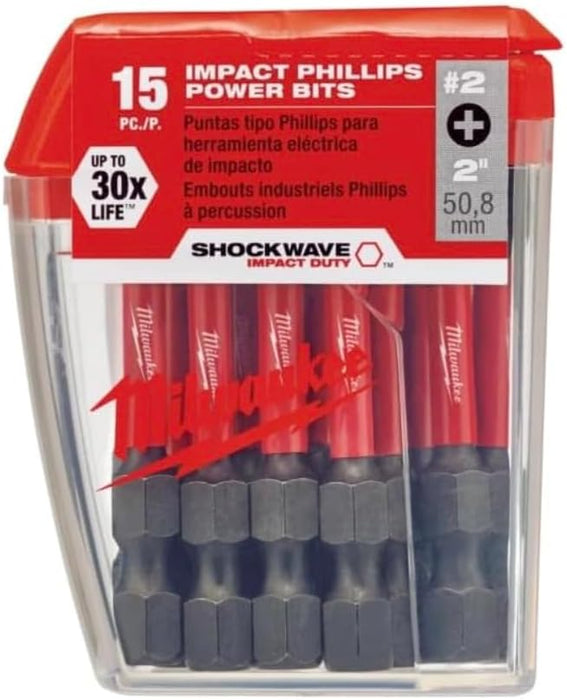 MILWAUKEE ELECTRIC TOOL 48-32-5004 Shockwave 2" Power Bit Phillips #2 15 Piece Contractor Pack