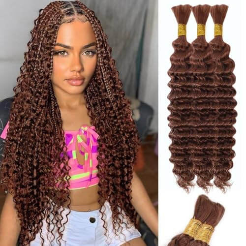 Brown Human Braiding Hair Deep Water Wave Bulk Human Hair 150g 16 Inch Color 30 Curly Human Hair for Boho Braids Hair Extensions No Weft 3 Braids Per Pack Wet and Wavy Human Hair Braiding Hair