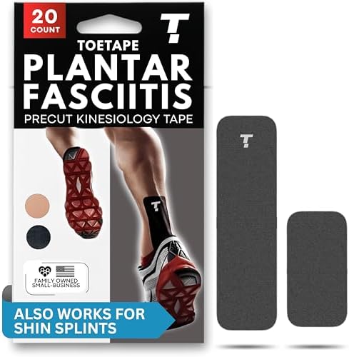 Plantar Fasciitis Tape, 20 Applications - Precut Kinesiology Tape Strips for Foot Soreness Relief - Also Great for Shin Splints - Includes 20 2x10" Strips & 40 2x5" Strips (Black, 20 Count)