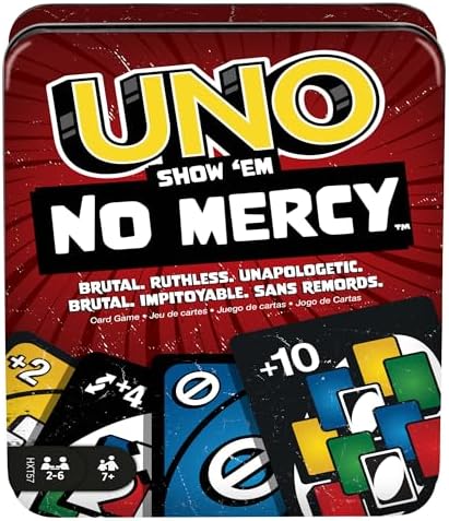 Mattel Games UNO Show ‘em No Mercy Card Game in Storage & Travel Tin for Kids, Adults & Family Night with Extra Cards, Special Rules & Tougher Penalties (Amazon Exclusive)