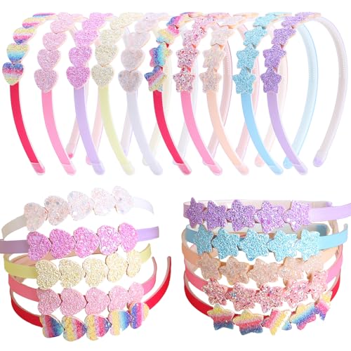 Fishdown Headband for Kids Girls, 10Pcs Rainbow Glitter Hairband for Toddler Heart Rainbow Star Non-slip Headbands with Teeth
