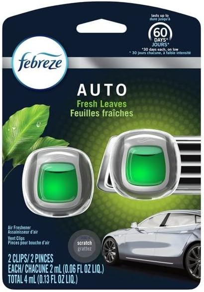 Febreze Car Vent Clip Air Freshener, Odor Eliminator for Up to 30 Days Freshness, 2 Clips (Fresh Leaves)