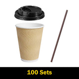 SPRINGPACK Disposable Paper Coffee Cups with Lids, 100 pack 12 oz Ripple Wall Insulated To Go Coffee Cups for Hot/Cold Beverage, Recyclable Takeaway Drinking Cups for Home Office Cafe Party