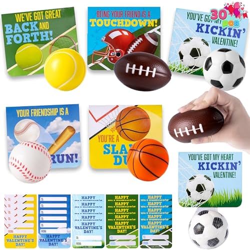 JOYIN 30 Packs Sport PU Balls with Gift Card, Mini Sports Ball Squeeze Foam for Classroom Exchange Gift for Kids, Valentines Day Holiday Party Favor Toys, Reward Prizes, Stress and Anxiety Relief