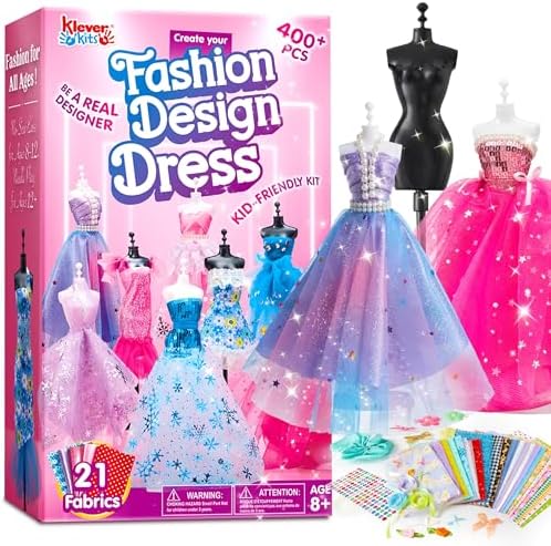 Klever Kits 400+PCS Fashion Design Crafts for Kids, Art and Crafts, DIY Sewing Kits with 3 Mannequins for Girls Aged 8-12, Birthday Presents, Toys for Kids