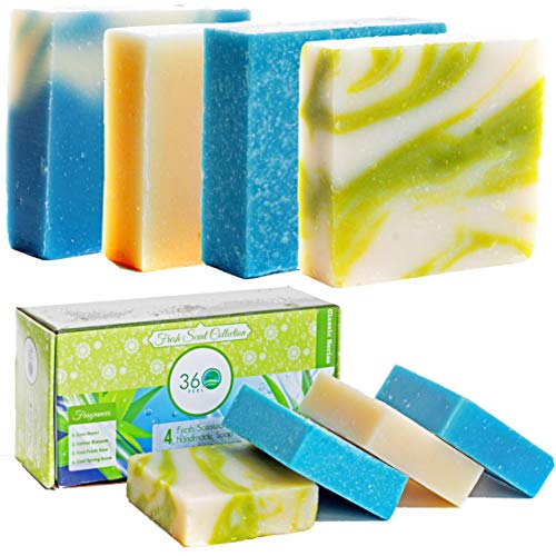 Fresh Scent Handmade Soap Collection - Aloe Vera, Cotton Blossom, Spring Scrub, Cool Water - Natural Exfoliating Bar Soap - 4 Count (Pack of 1)