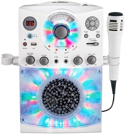 Singing Machine Portable Karaoke Machine for Adults & Kids with Wired Microphone, White - Built-In Speaker, Bluetooth with LED Disco Lights - Karaoke System with CD+G Player & USB Connectivity