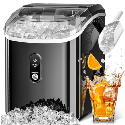 Nugget Ice Maker Countertop with Self-Cleaning Function, 35lbs/Day, Portable Ice Machine with Handle, One-Click Operation, Compact Design, Sonic Pellet Ice for Home(Stainless Steel Black)