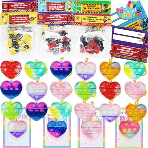 WODMAZ Valentines Day Gifts for Kids, 28 Pack Valentines Day Cards with Heart Pop Fidget Toys for Valentine Party Favors, Valentine Classroom Exchange Prize Supplies, Valentine's Greeting Cards