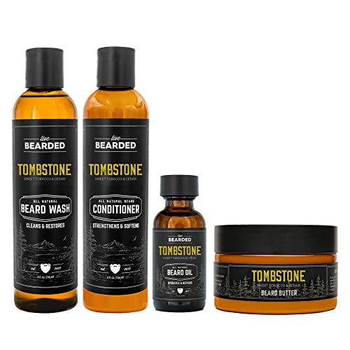 Live Bearded Complete Beard Grooming Kit - Wash, Conditioner, Butter and Oil - Made in the USA with All-Natural Ingredients - Mens Groom Set | Tombstone Scent - Sweet Tobacco, Cedar