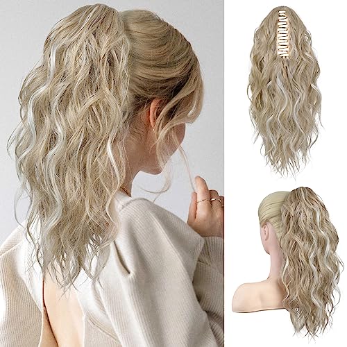 FLUFYMOOZ Ponytail Extension, 18 Inch Claw Clip Ponytail Extension, Wavy Curly Claw Clip in Ponytail Hair Extensions, Natural Fake Ponytail Synthetic Hairpiece for Women (Light Blonde with White Blonde Highlights)