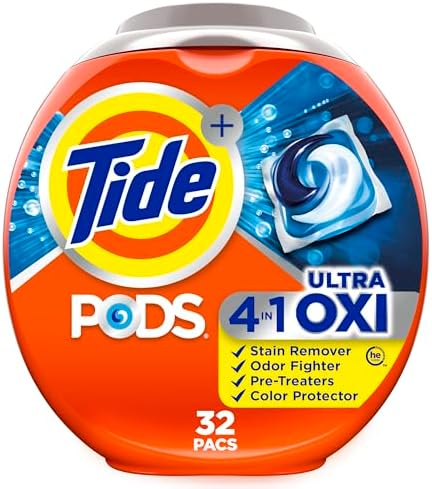 Tide 4-n-1 Ultra Oxi PODS Laundry Detergent Pacs, 32 Count, HE Compatible, Built in Pre-Treater for Stains