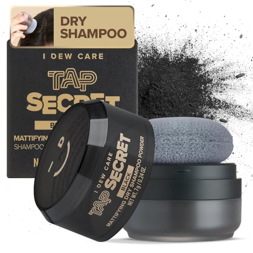 I DEW CARE Biotin Hair Root Touch Up Powder Dry Shampoo - Tap Secret Black | Korean Black Ginseng, Hair Strengthening, Non-aerosol, Benzene-free, Travel Size, Texture Powder for Dark Hair, 0.24 oz.