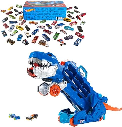 Hot Wheels City Ultimate Hauler, Transforms into Stomping T-Rex with Race Track, Lights and Sounds, Toy Storage for 20+ 1:64 Scale Cars + 50-Pack of 1:64 Scale Vehicles
