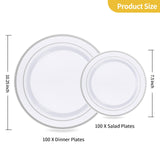 Goodluck 200PCS Silver Plastic Plates, Heavy Duty Disposable Gold Plates with 100 10.25 inch Dinner Plates and 100 7.5 inch Dessert Plates, Disposable Plates for Party, Holiday, Wedding