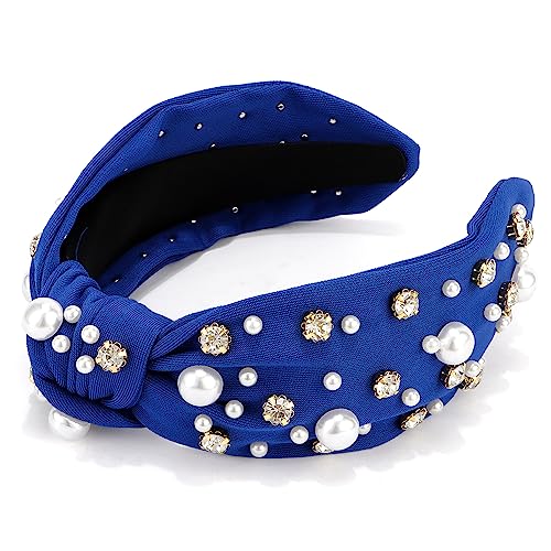 Knotted Headbands with Pearl Rhinestone Royal Blue Womens Headbands Wide Top Knot Headbands Beaded Headband Crystal Jeweled Head Bands for Women's Hair Embellished Headbands Non Slip Sparkly