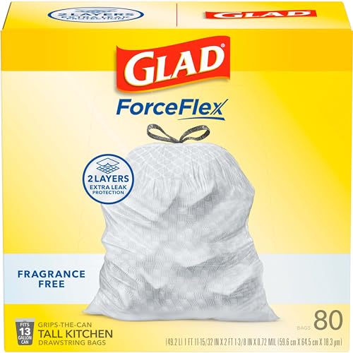 Glad Trash Bags, ForceFlex Tall Kitchen Drawstring Garbage Bags, 13 Gal, Fragrance Free, 80 Ct, Package May Vary