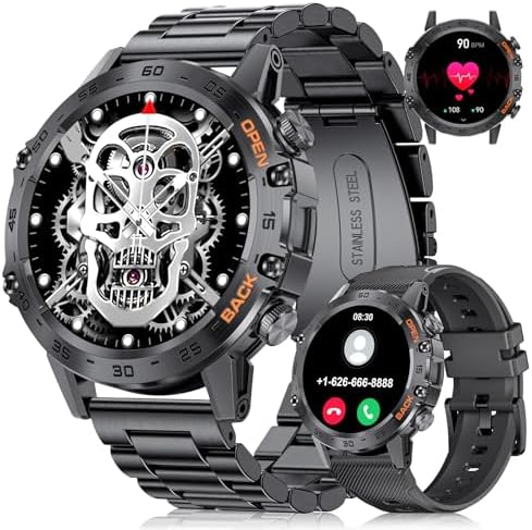 FOXBOX Smart Watch for Men Answer/Make Call for Android iOS, 400mAh Military Smartwatch Heart Rate Blood Oxygen Sleep Monitor Step Counter, 2 Straps,1.39" HD Waterproof Outdoor Smart Watches Black