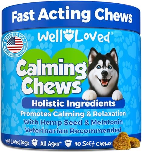 Calming Chews for Dogs - Dog Calming Treats, Made in USA, Vet Developed, Behavior Support, Stress, Separation, Fireworks, Travel, Melatonin, Natural & Holistic, 90 Soft Chews