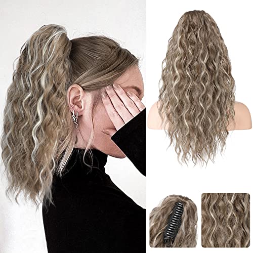 REECHO Highlight Ponytail Extension, 18 Inch Claw Multi Layered Clip on Ponytail Extension for Women Long Curly Hair Extensions Synthetic Hairpiece HP002 - Ash Brown with Platium Highlights