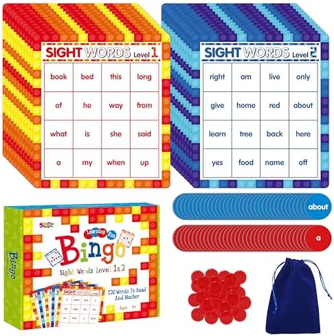 Sight Word Bingo Game, 120 Sight Words Learn to Read Level 1 & Level 2 Bingo Board Game Dolch's & Fry's Words Lists for Kindergarten and Preschool Kids 4-8, Perfect for Classroom & at Home