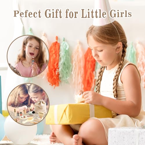 OESSUF Kids Makeup Kit for Girl, Wooden Makeup Toy Set for Toddlers, Pretend Wood Beauty Salon Toys Set for Kid Children Princess, Christmas Birthday Gift Toy for 3 4 5 6 7 8 9 10 Year Old