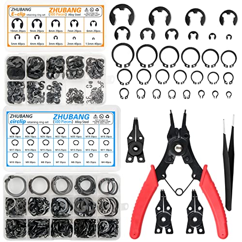 800Pcs C-clip External Retaining Rings Snap Rings Assortment Kit Circlip Alloy Steel(M4-M28) + E-clip Assortment Set(1.5mm-10mm) + 5Pcs Snap Ring Plier + Tweezer
