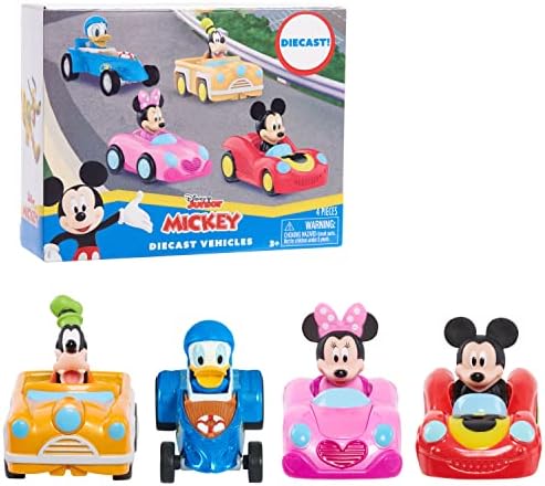 Disney Junior Mickey Mouse Diecast Vehicles, 4-piece Set, 3-inch long Metal Cars, Pretend Play, Kids Toys for Ages 3 Up by Just Play