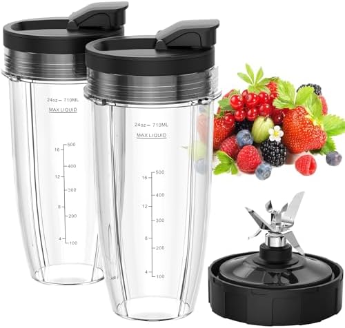 Blender Replacement Parts for Ninja, 24oz Ninja Blender Cups with To-Go Lids, 7 Fins Extractor Blade, Blender Blade Compatible with Nutri Ninja Auto iQ Blenders BL2012 BN801 BL480-30 BL640-30