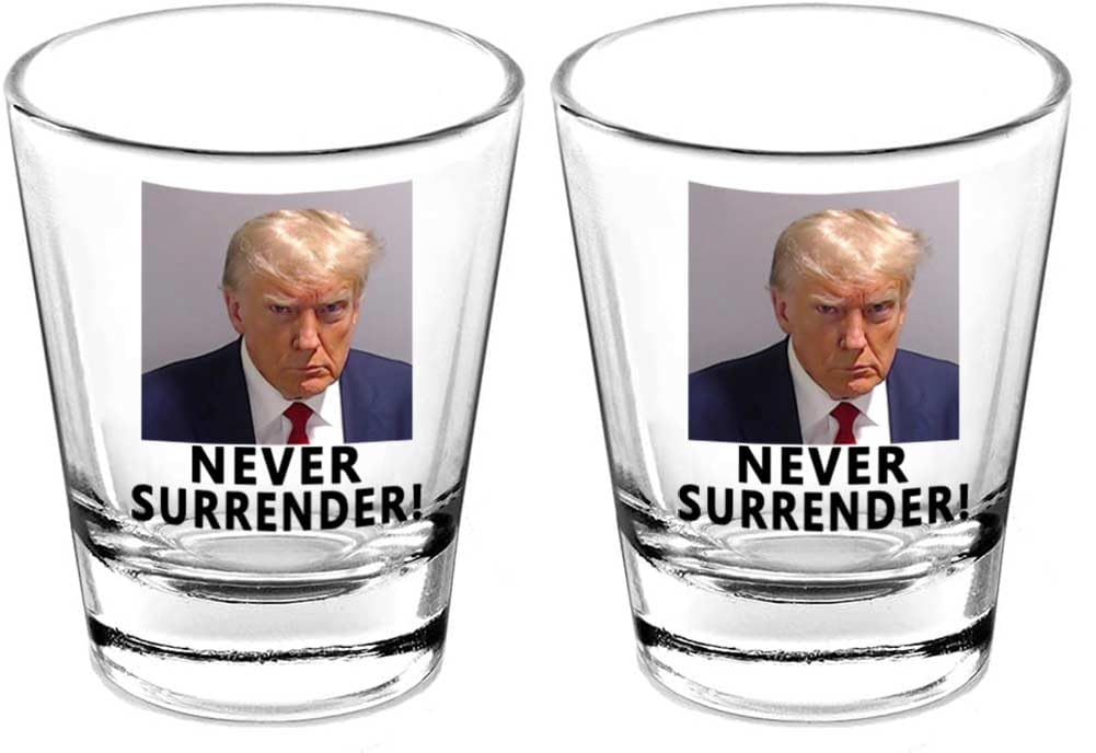 Lymhy 2 Pack Trump Mug Shot Shot Glass FunnyDonald Trump Police Mugshot Photo Never Surrender Not Guilty Free Trump 1.5oz Shot Glass Small Glass Cups Mug Gift