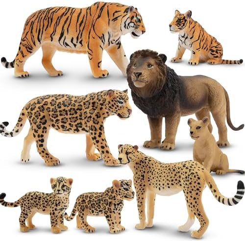 Toymany 8PCS 2-5" Plastic Jungle Animals Figures Playset Includes Baby Animals, Realistic Lion, Tiger, Cheetah, Leopard Figurines with Cubs, Cake Toppers Christmas Birthday Toy Gift for Kids Toddlers