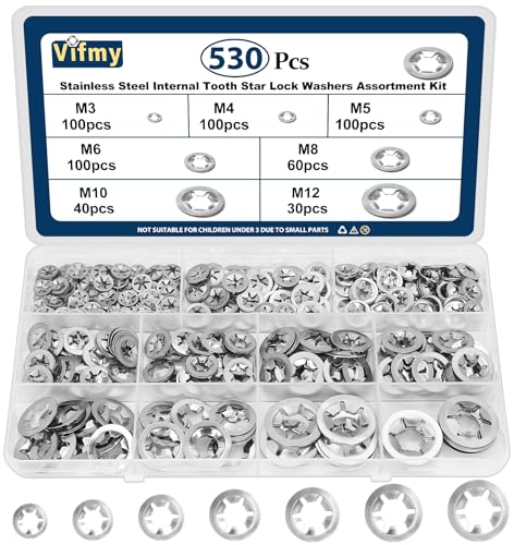 530PCS Internal Tooth Star Lock Washers, M3 M4 M5 M6 M8 M10 M12 Quick Speed Locking Washers Assortment Kit, Stainless Steel Push on Locking Washer