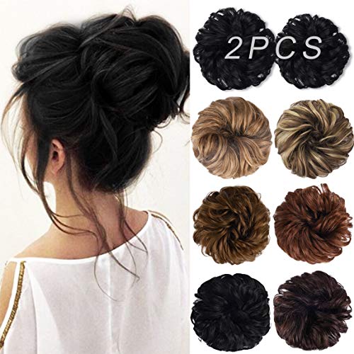 HOOJIH Messy Bun Hair Piece, 2PCS Tousled Updo Hair Extensions Hair Bun HCB001 Daisy Curly Wavy Ponytail Hairpieces Hair Scrunchies with Elastic Rubber Band for Women Girls - Dark Black