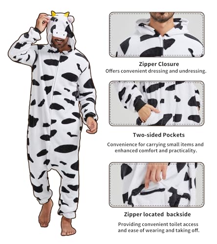 QUCH Adult Onesie Costume-Unisex Animal Onesies for Adults Halloween Costume, Halloween Onesie Adult Onesie Pajamas for Women Cow L